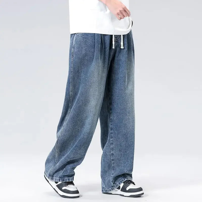 New Men's Elastic Waist Jeans Loose Wide Leg Casual Straight Long