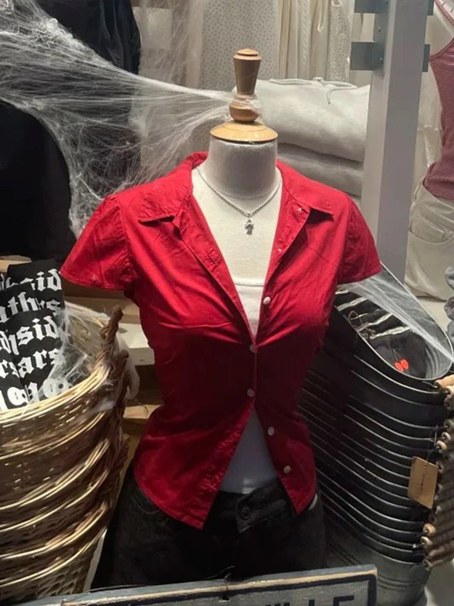 Red Basic Slim T-Shirt Blouse Woman Summer Turn Down Collar Single