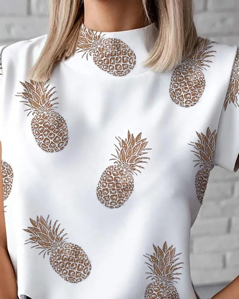 Women's Abstract Face Print Sleeveless Stand Collar Blouse with Button