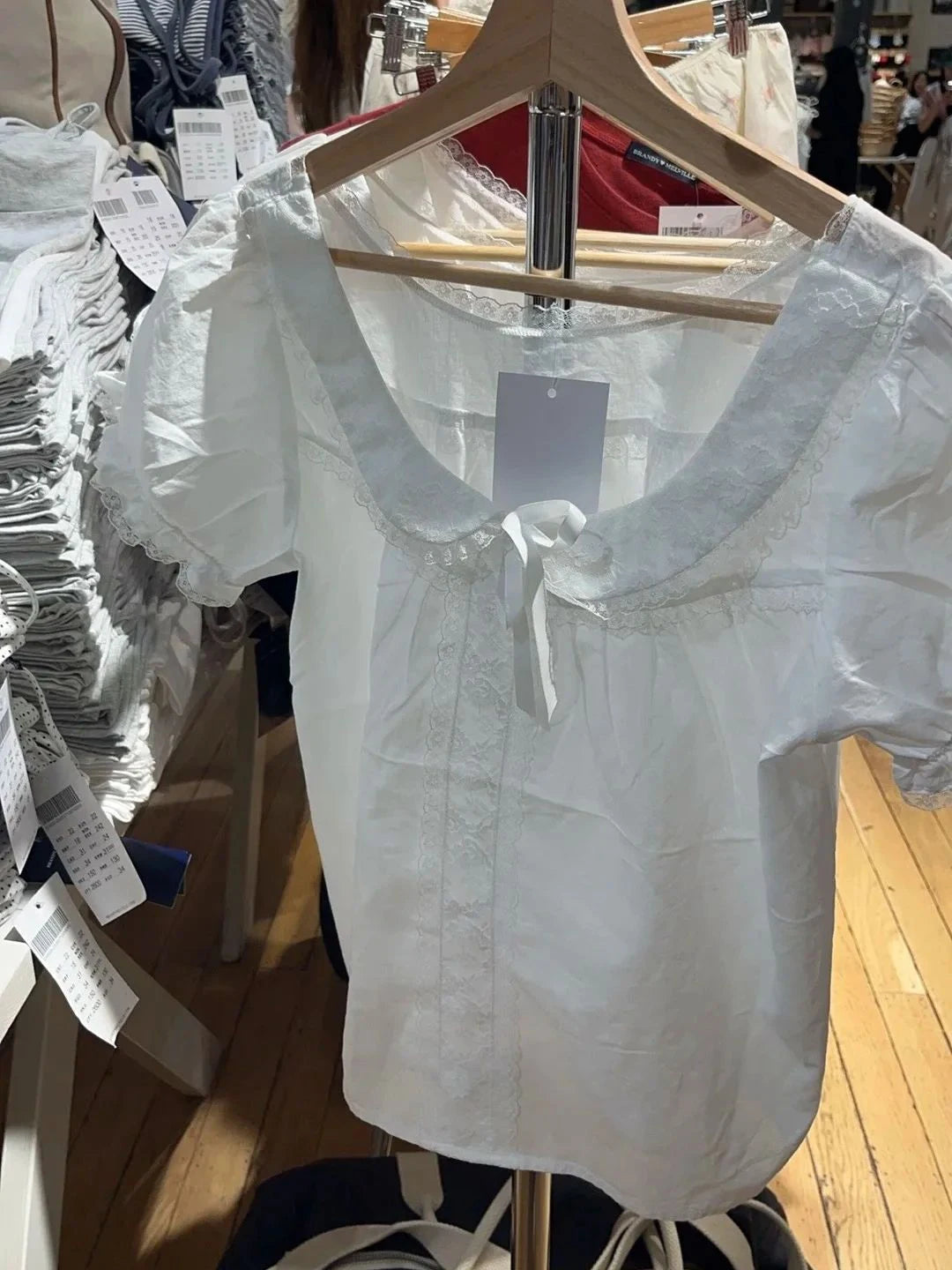 Lace Patchwork Thin T-shirt Blouse Woman Summer Bow Peter pan Collar