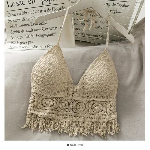 2024 Crop Tops Retro Wild Hollow Perspective Tassel Sexy Spaghetti