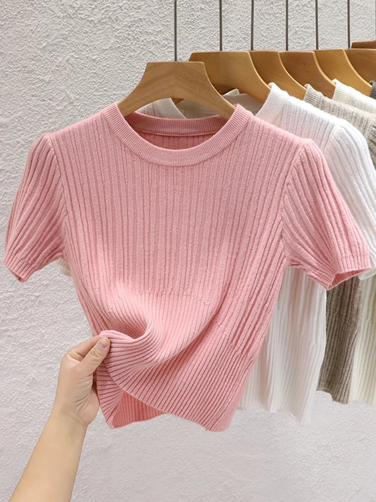 2026 Summer T shirts for Women Casual Female Korean Knit Streetwear