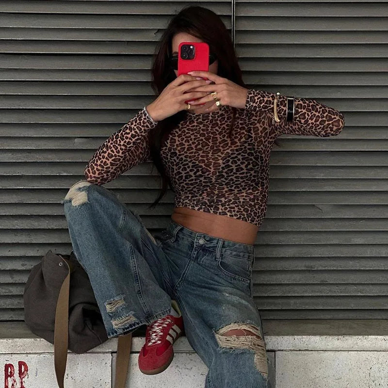 Sexy Long Sleeves Tops Mesh T Shirt Leopard Printed Bodycon Women
