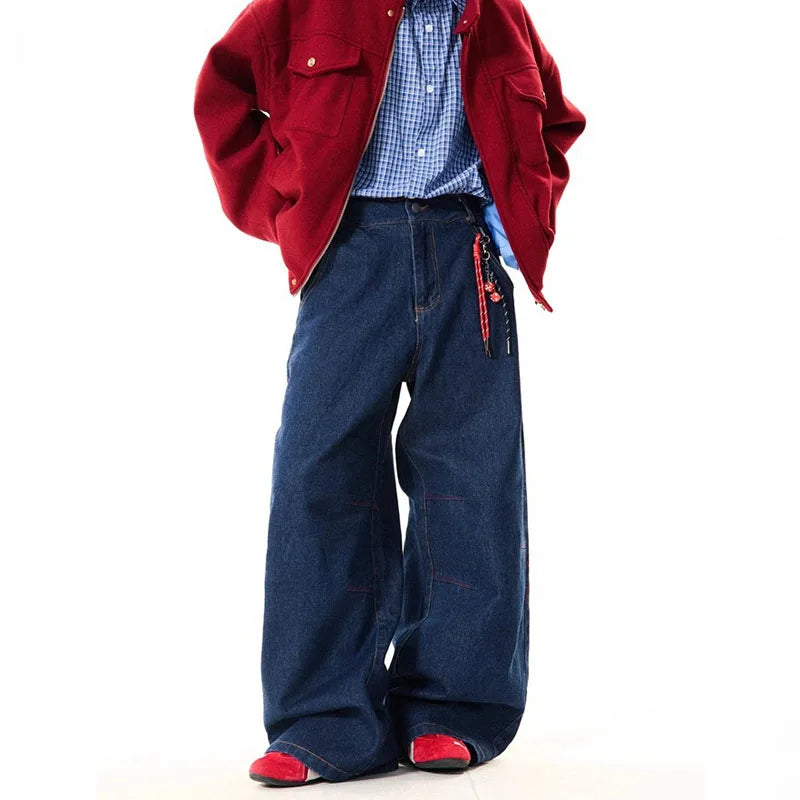 New Korean Retro Blue Straight Leg Jeans Casual Loose Wide Leg Pants