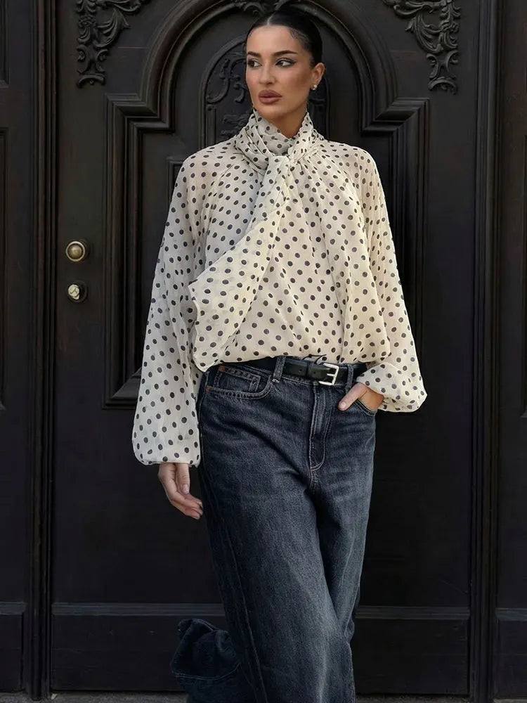 HH Women Fashion Vintage Polka Dot Print Shirts Long Sleeve Bow Lace