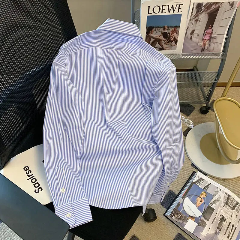 Striped Polo Neck Button Shirt Tops Long Sleeve Loose All-match High