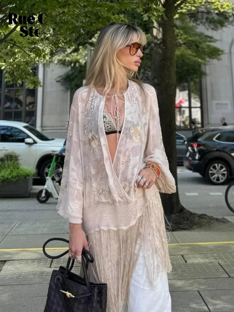 Beige Embroidered Long Tunic Tops Women Chic V Neck Long Sleeves Lace