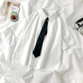 White Shirt Women Blusas Short Sleeve Lapel Blouse with Tie Japanese