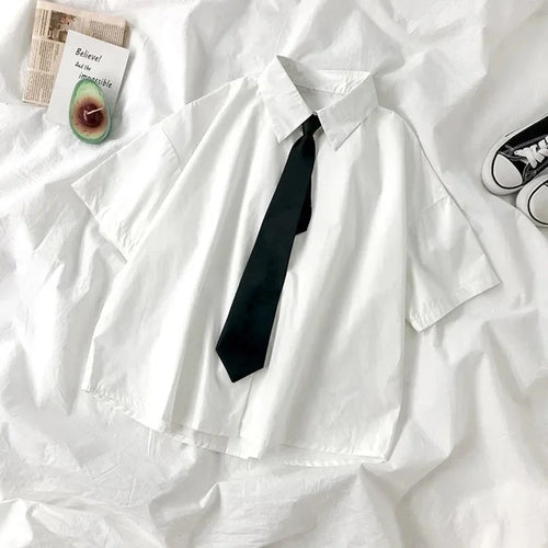 White Shirt Women Blusas Short Sleeve Lapel Blouse with Tie Japanese