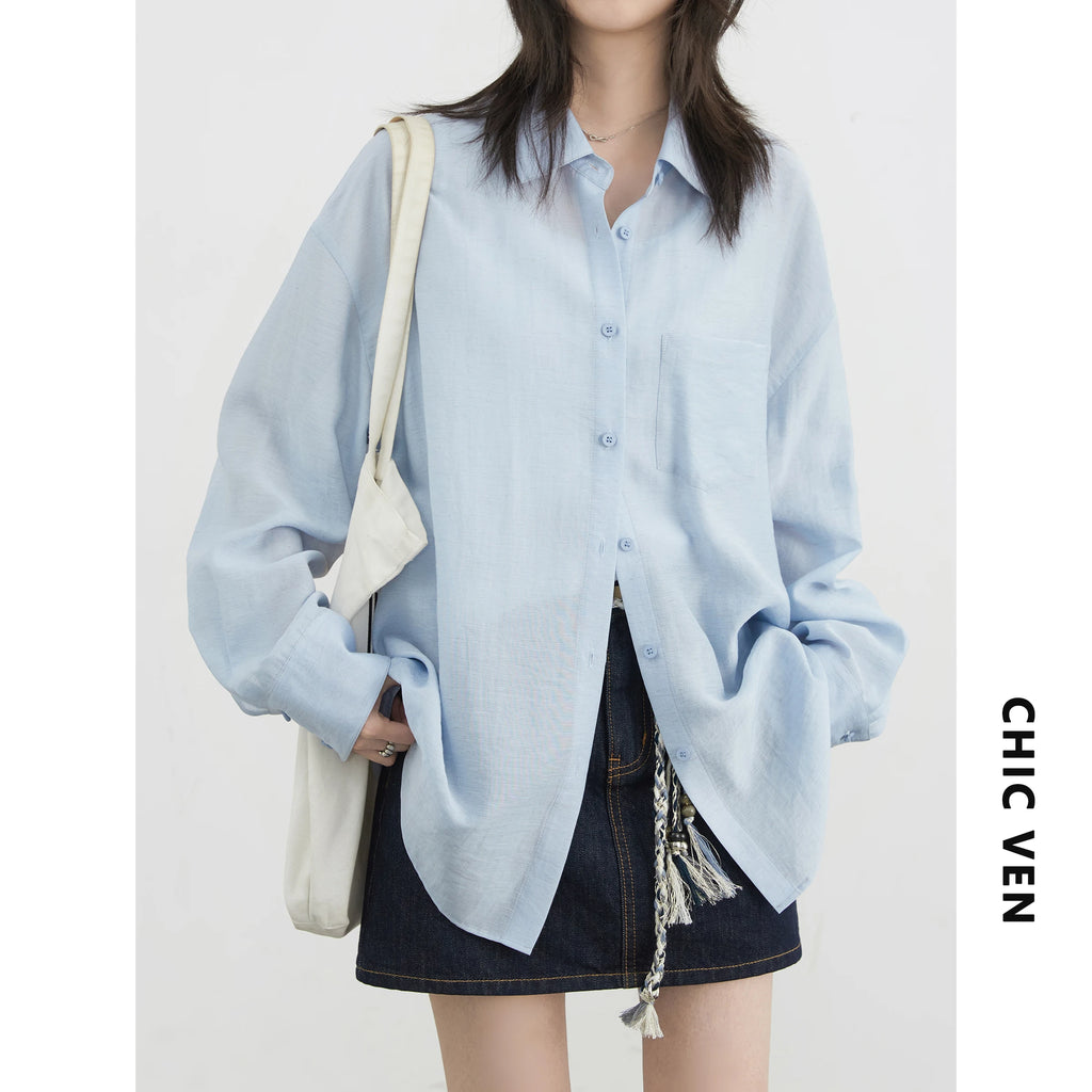 CHIC VEN Women Long Sleeve Shirts Solid Loose Casual New Style Design