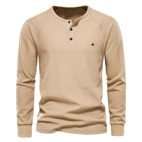 AIOPESON Waffle Henley T-Shirt Men Long Sleeve Basic Breathable Men's
