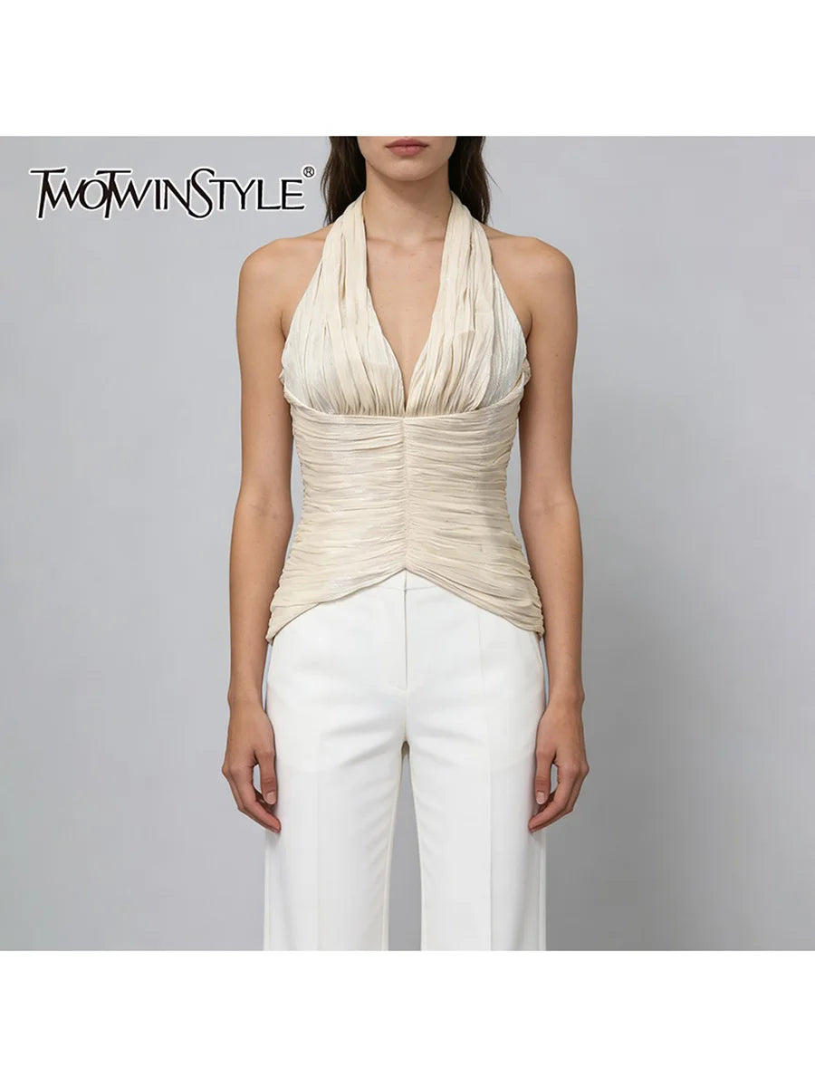 TWOTWINSTYLE Solid Slimming Spliced Shirring Fashion Vests for Women