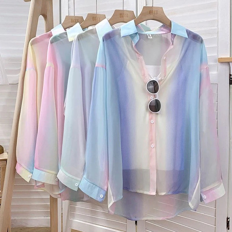 Irregular Gradient Rainbow Long Sleeved Shirt And Blouses Thin