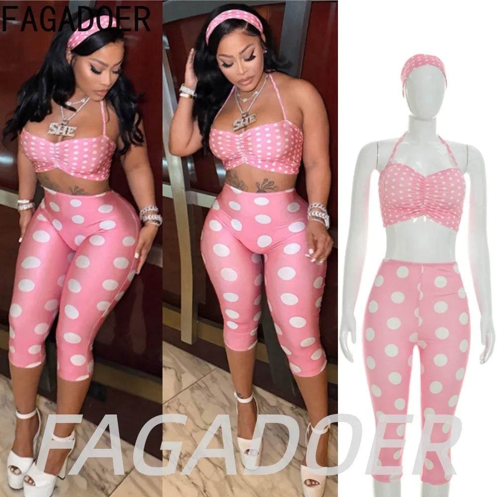 FAGADOER Cute Pink Polka Dot Shorts Two Piece Sets Fashion Lace-up