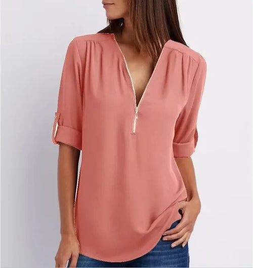 2024 Hot Sale Women Cool Loose Shirt Deep V Neck Chiffon Fashion