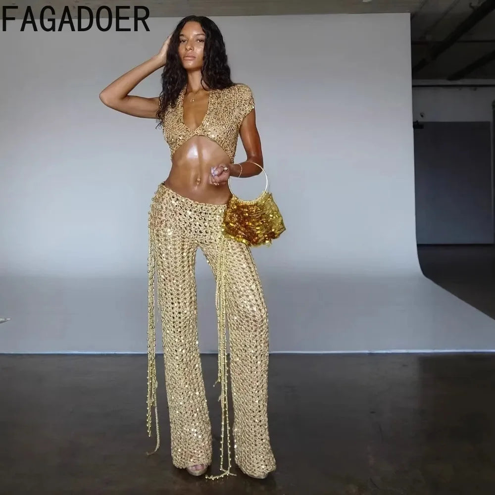 FAGADOER Sexy Hollow-out Sequin 2 Pieces Set for Woman Solid Deep