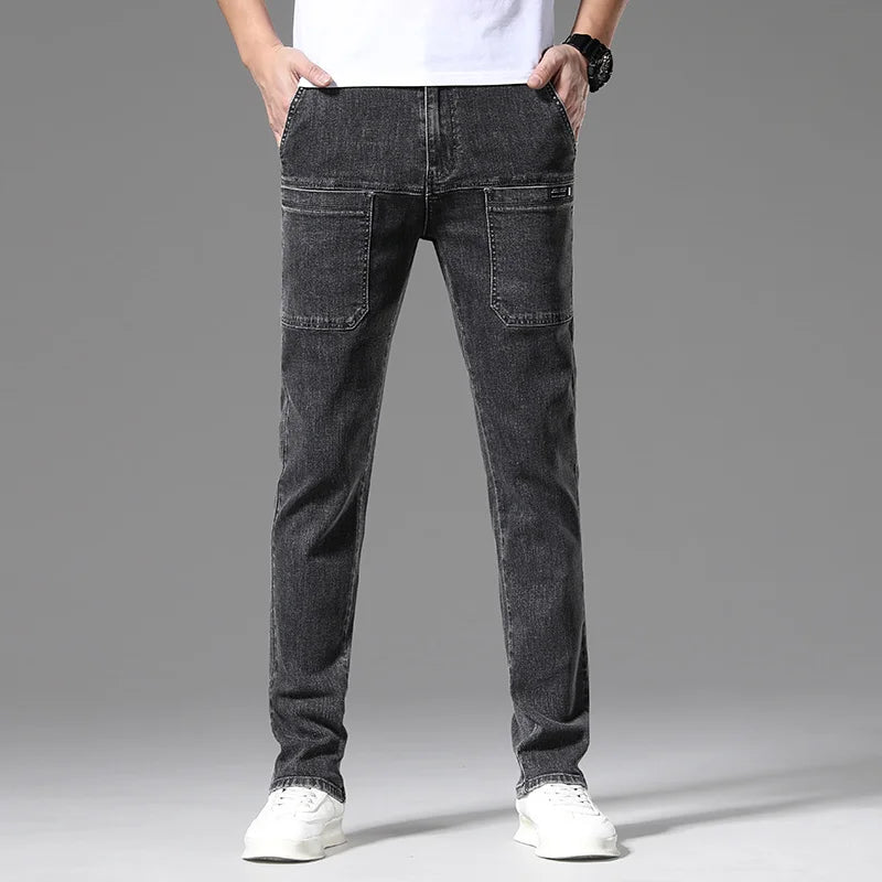 Spring Men's Elastic Jeans Straight Leg Workwear Wide Pockets