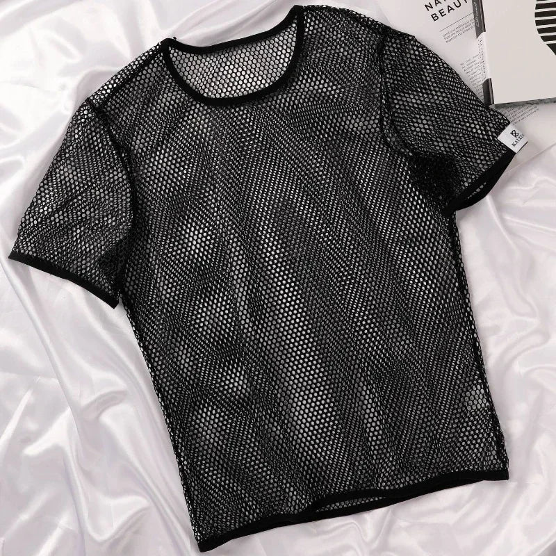 Men's Hollow Out Mesh T-Shirt, Breathable, Sport, See Through,
