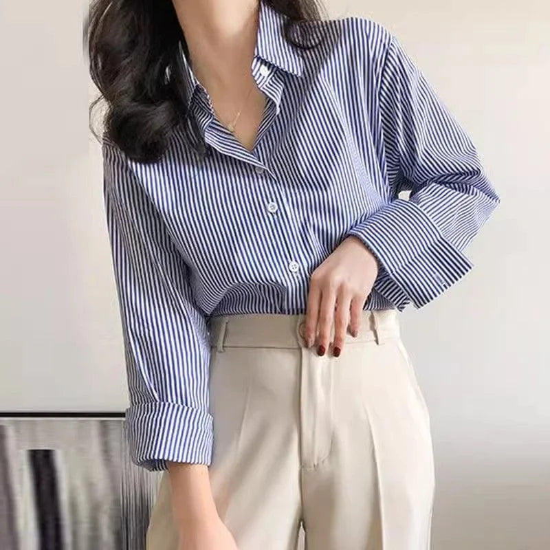 Classic Striped Woman Spring Autumn Blouses Shirt Lady Long Lantern