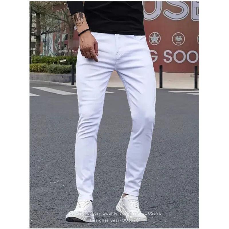 2026 New Spring Summer Men's White Skinny Jeans Slim Fit Stretch Denim