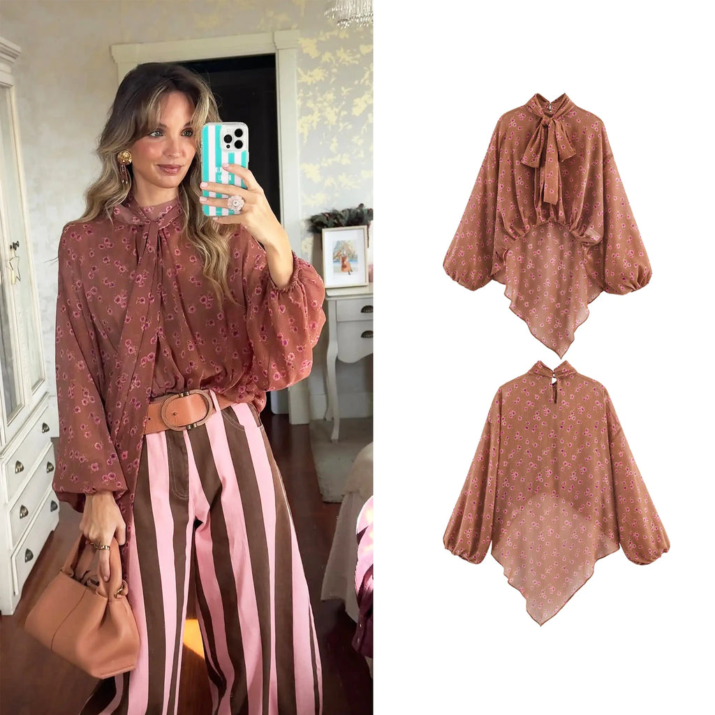 Women French Style Chic Bow Blouses Floral Print Casual Ruffles Long