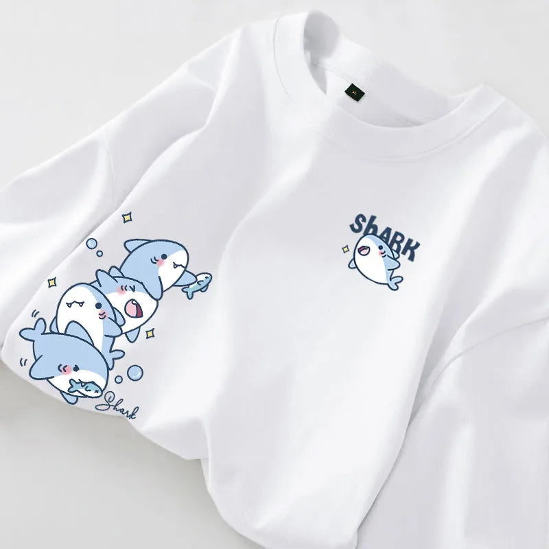 Cartoon Shark Print Simple Casual Loose Versatile Summer Short Sleeved