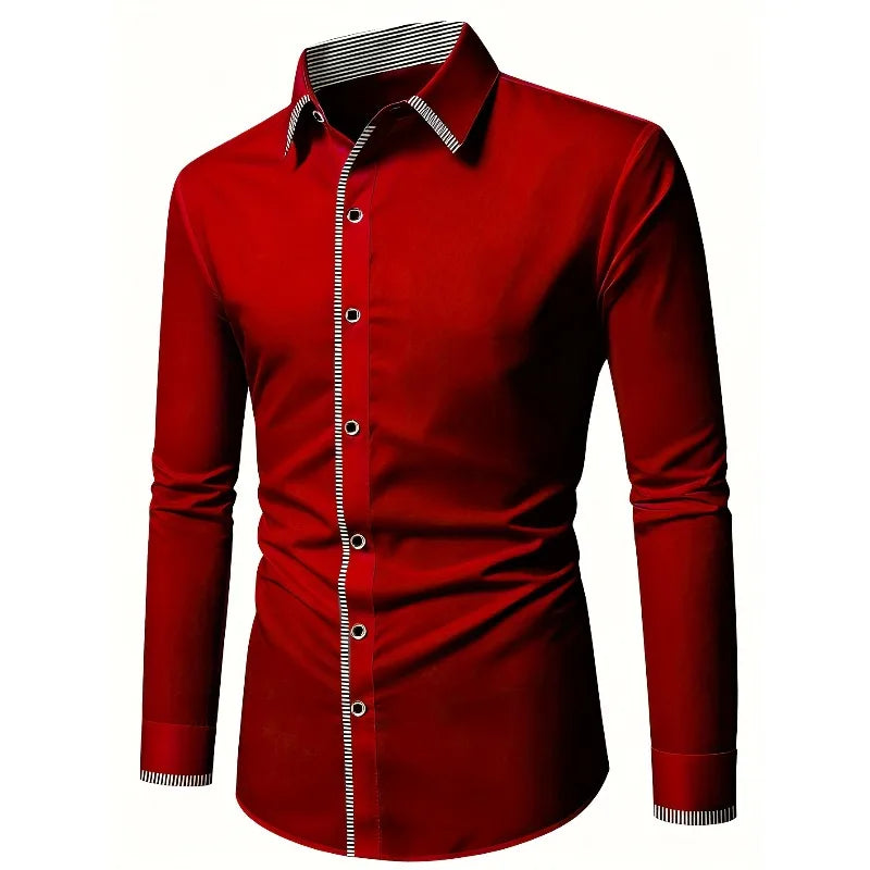2025 New Men Patchwork Shirt Fashion Dress Tuxedo Long Sleeve Smart