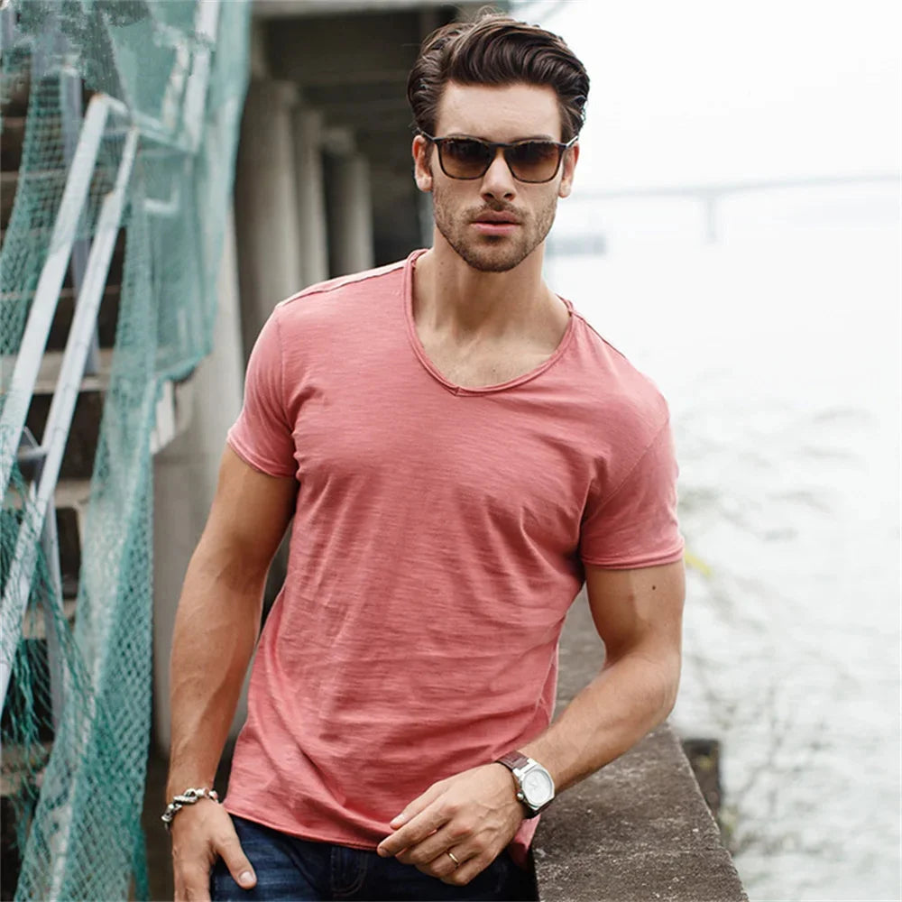 Brand Quality 100% Cotton Men T-shirt V-neck Fashion Design Slim Fit
