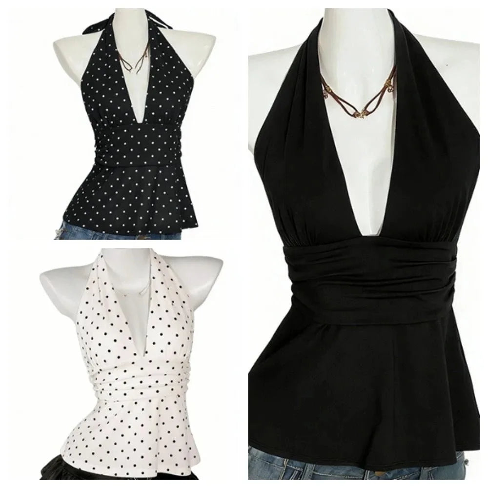Fashion Sleeveless Women Crop Top Pleated Deep V Neck Halter Ruffle