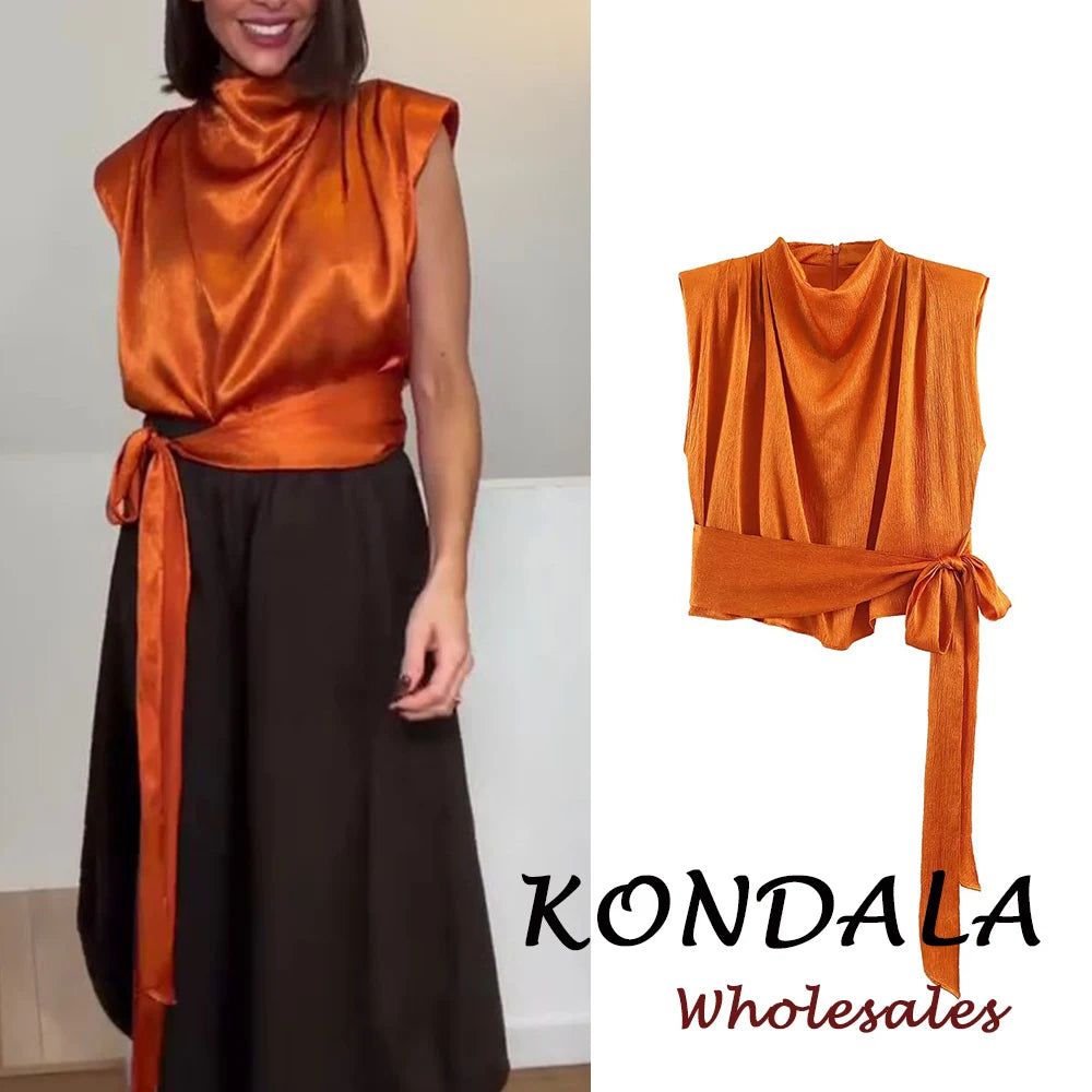 KONDALA Orange Short Lace-up Bow Woman Vest Asymmetric Tank Night