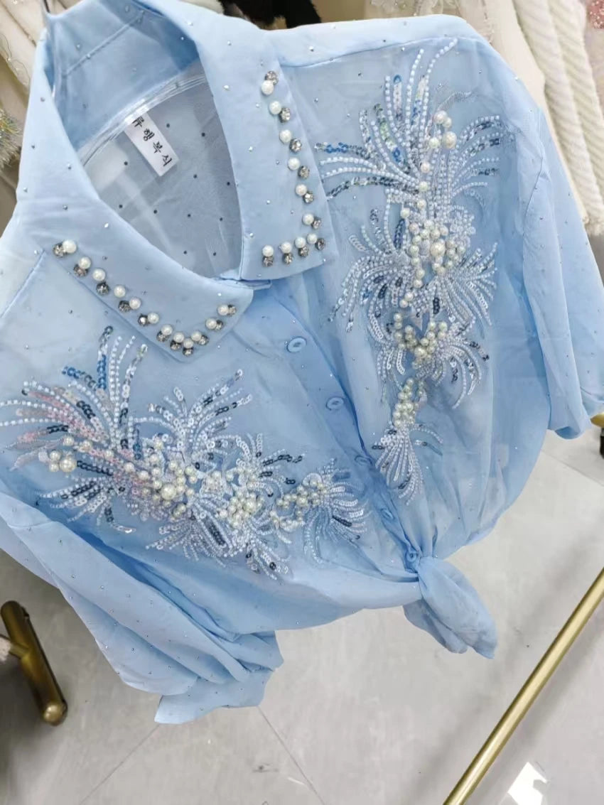 High-end Sequines Pearls Beaded Stitch Sunscreen Blouses Shirts for