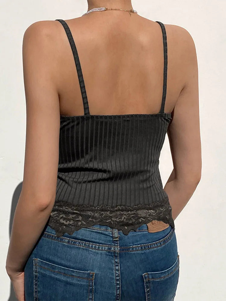 Gothic Basic Bodycon Women Camis Grunge Punk Black Casual Lace Trim