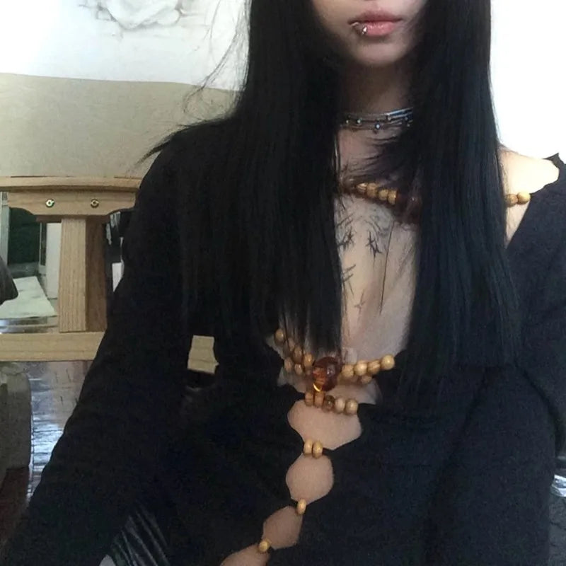 Karrram Japanese Y2k Hollow Out Tops Vintage Harajuku Beaded T Shirt