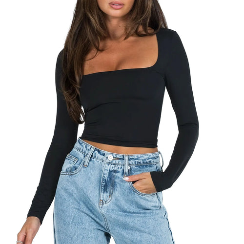 Women's Slim Fit Crop Tops Fashion Long Sleeve Square Neck Solid Color