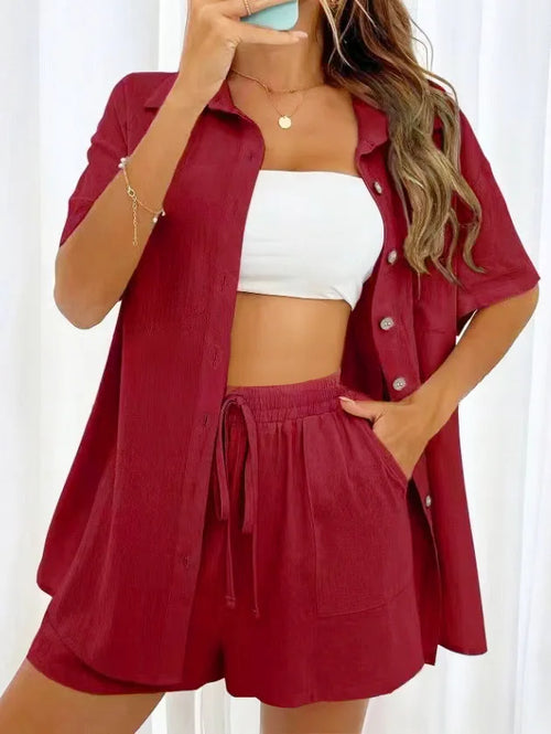 2 Pieces Women Sets Summer Solid Color Short Sleeve Open Stitch Button