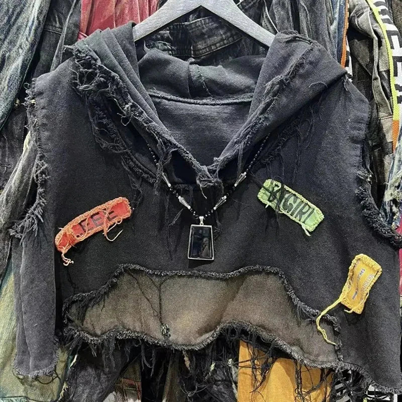 American Retro Street Denim Vest Women Hooded Patchwork Sleeveless