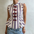 Women Chic Striped Stand Collar Blouse Summer Bowknot Sleeveless Shirt