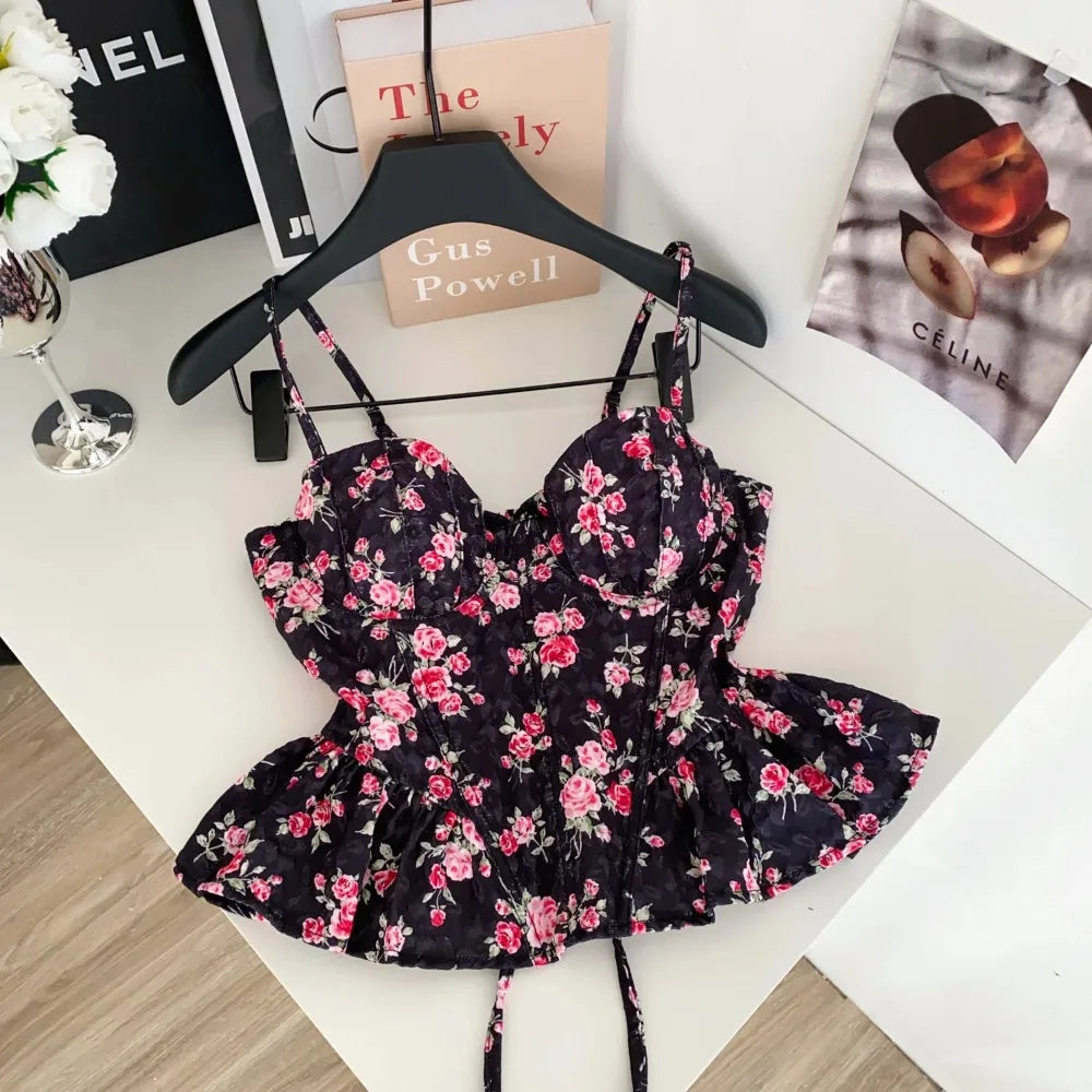Sexy Slim  Corset ruffle print Chic Korean Camis Tank Top Basic