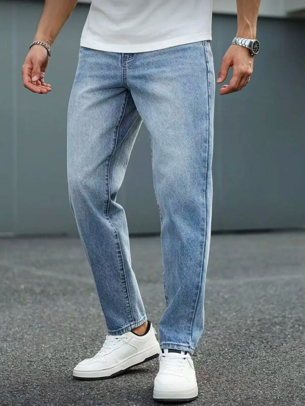 Slim Fit Jeans Men Light Blue Washed Whisker Detail Jeans Classic Mid