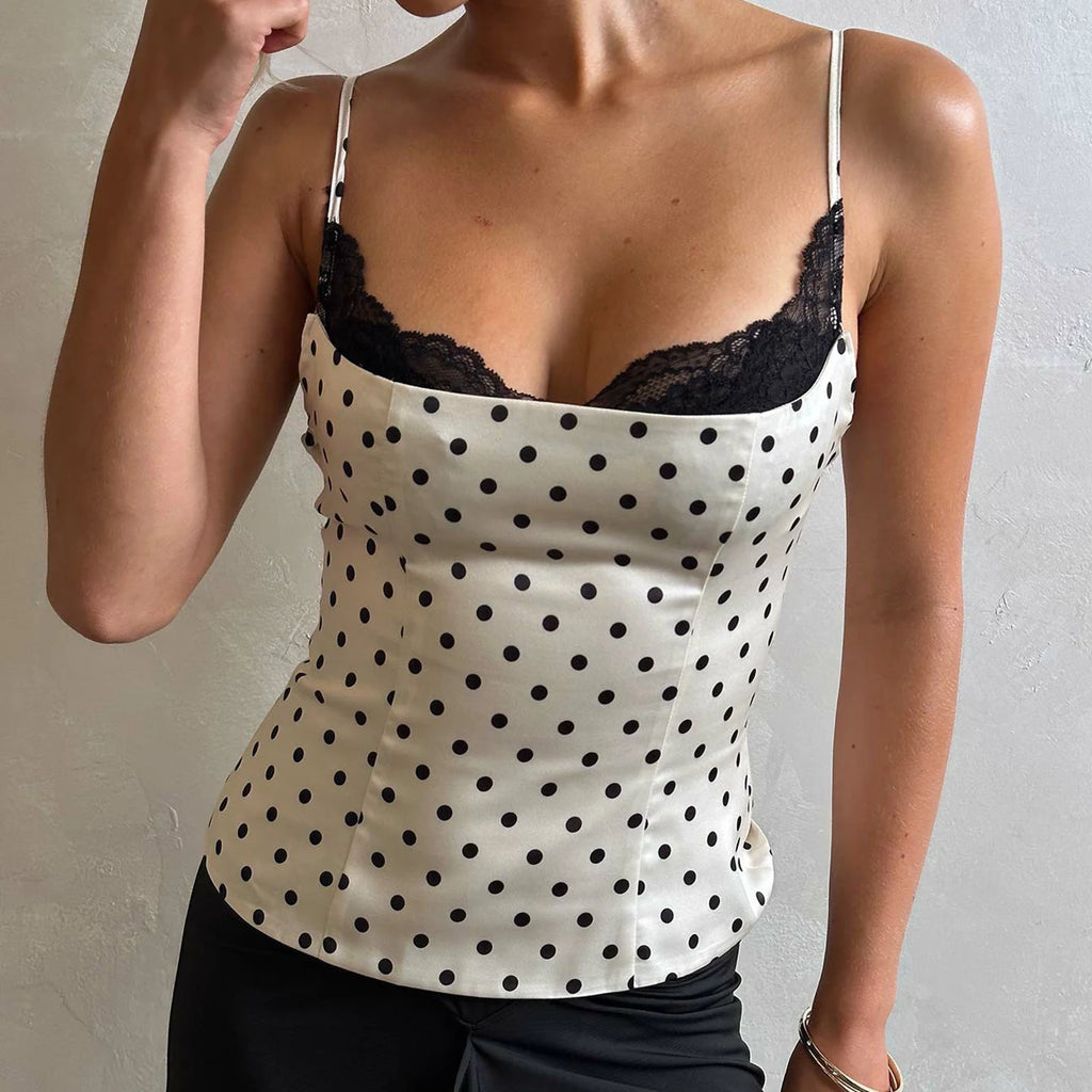 SUCHCUTE Chic Lace Patchwork Polka Dot Camis Tops Elegant Sleeveless