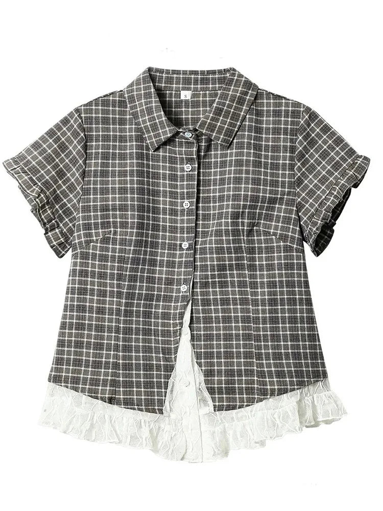 Lace Patchwork Plaid Shirt Women Summer Sweet Short Sleeve Vintage
