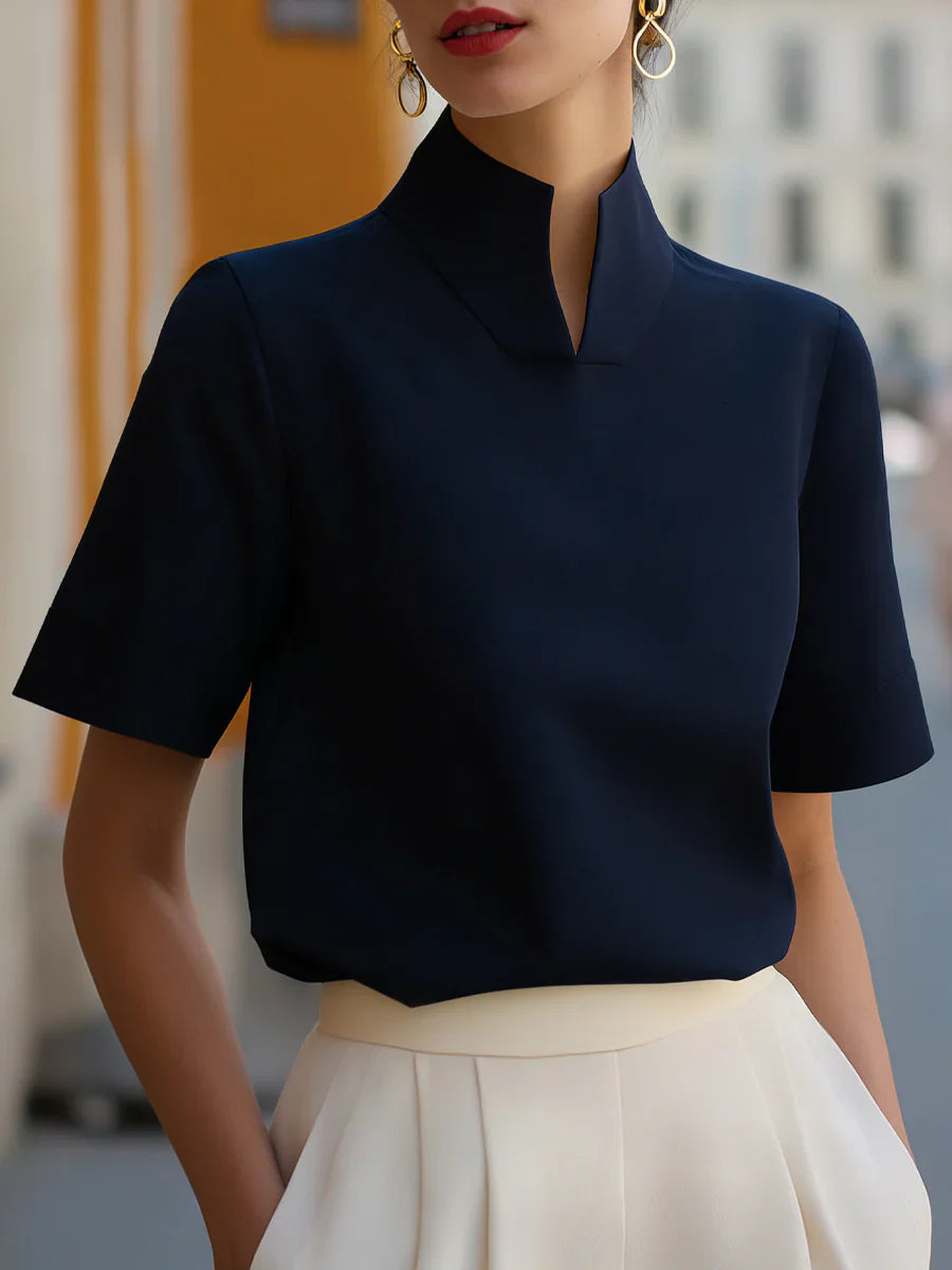 Split Neck Short Sleeve Blouse Women Elegant Stand Collar Half Sleeve