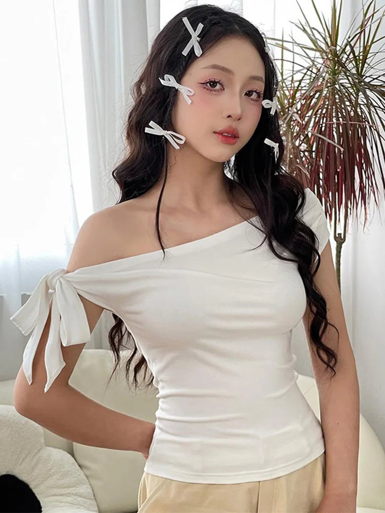 2025 Women'S Summer Ins Style New Shrink Pleated One-Shoulder Crop Top