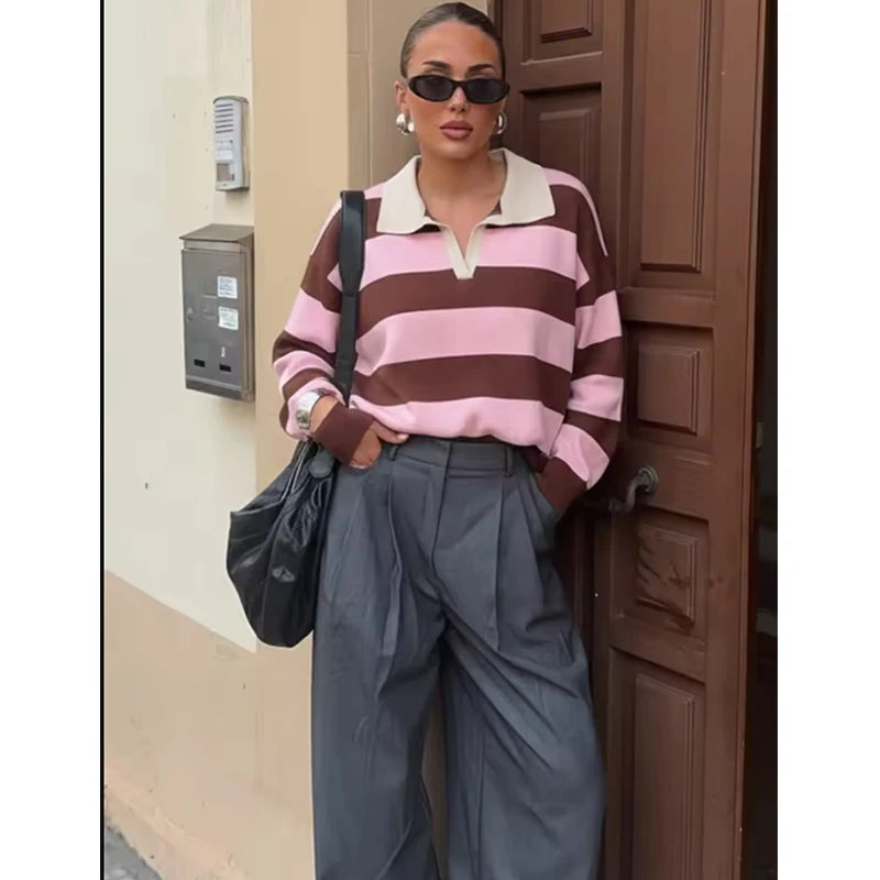 Autumn Women's New Sweater Blouse 2026 Fashion Striped Knit Pullover