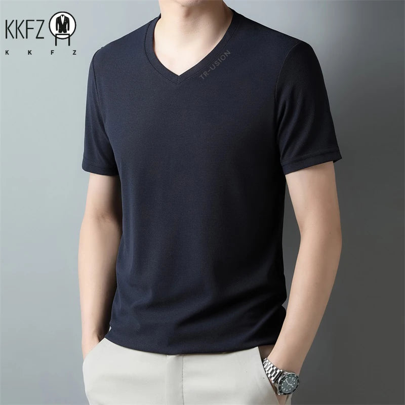New Men's Casual and Fashionable V-neck Solid Color Short Sleeved