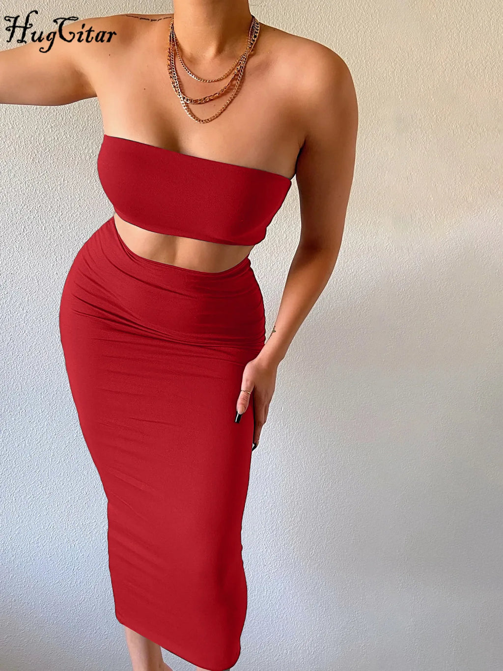 Hugcitar Women Elegant 2 Pcs Sets Strapless Sexy Tube Crop Tank Top