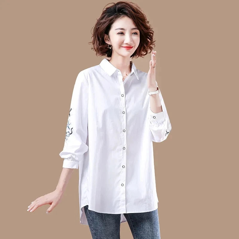 Vintage Embroidery White Simple Cotton Button Up Shirt Comfortable