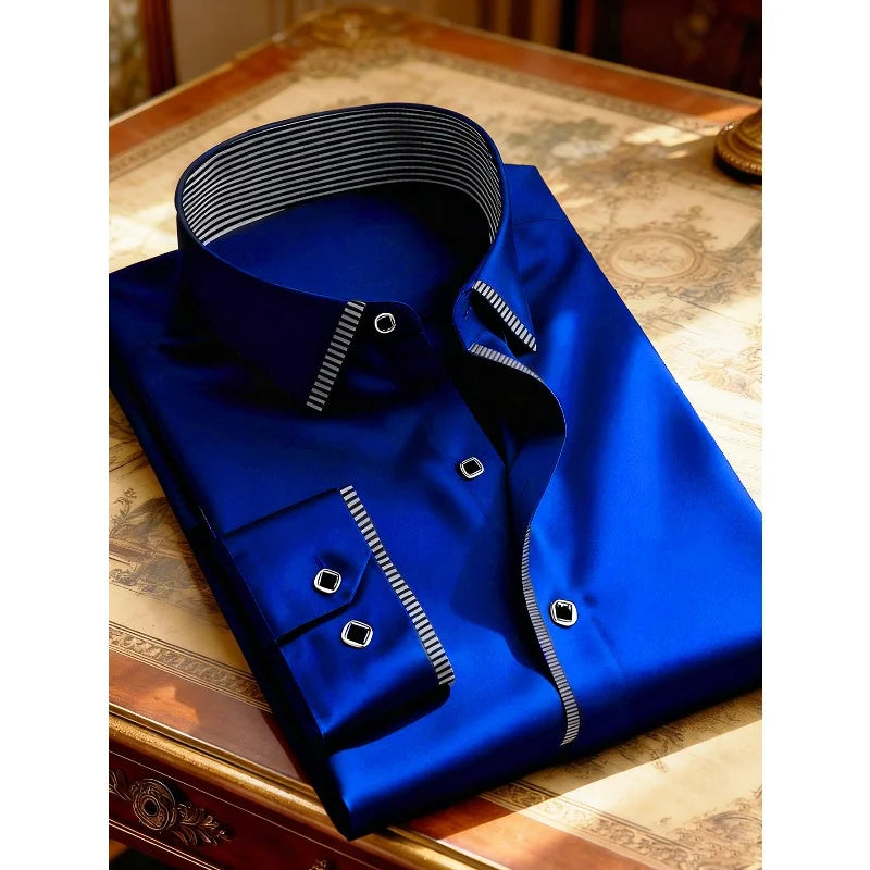 2025 New Men Patchwork Shirt Fashion Dress Tuxedo Long Sleeve Smart
