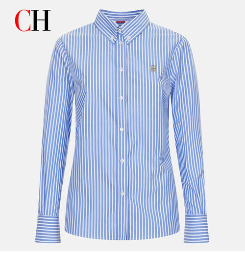 CH Elegant Office Ladies Blue White Vertical Stripe Blouse Long Sleeve
