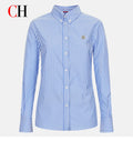 CH Elegant Office Ladies Blue White Vertical Stripe Blouse Long Sleeve
